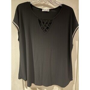 89th & Madison Women's Black Cap Sleeve w/Fringe Detail Crew Neck  Top XL